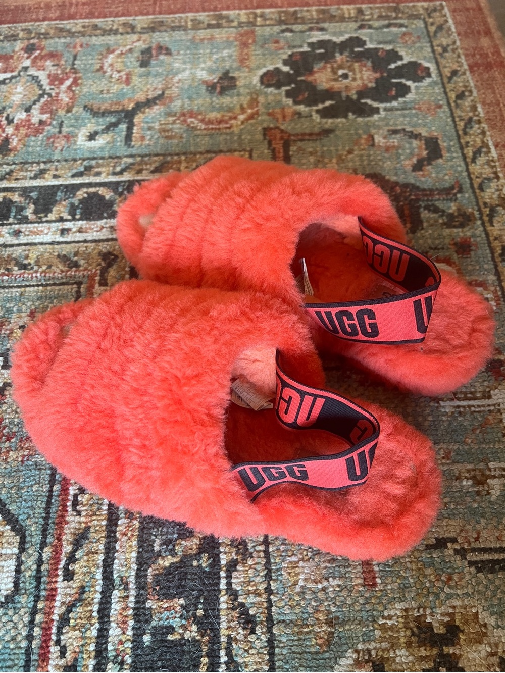 UGG Coral Pink Fluffy Slide Sandals with Logo Heel Strap
